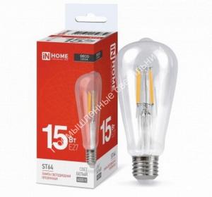 Лампа ST64-deco15W/4000K/E27/1720Lm прозрачная IN HOME 1